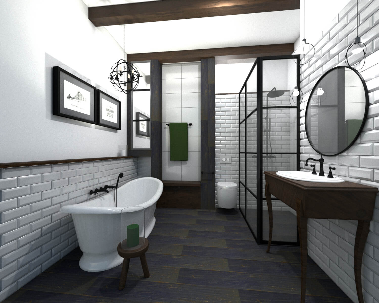 Badezimmer mit Badewanne, Waschtisch und Duschkabine im Vintage-Design