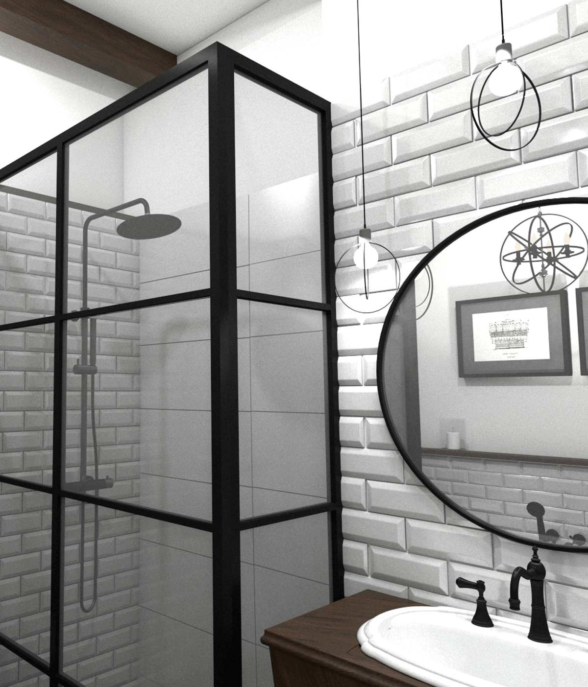 Badezimmer im Vintage-Look in schwarz-weiß eingerichtet